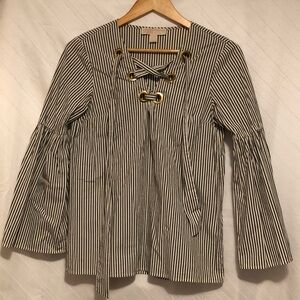 Michael Kors Gray and White Striped Lace-Up Top with Gold Eyelets